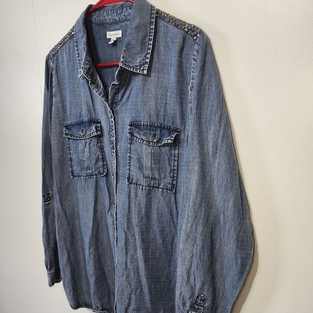 Love Fire Denim Shirt 0X Lyocell Button Down Rhinestone Shoulder Roll Tab READ - Picture 2 of 14
